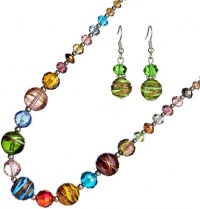 Ace Of Diamonds Laurette Italian Murano Glass and Austrian Crystal 18 Inch with 3 Inch Extension Necklace and Earrings Set (Rainbow)