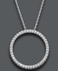 Strengthen your love. Give her the ultimate gift with this round-cut diamond (1/4 ct. t.w.) eternity circle pendant. Crafted in polished sterling silver, with a hearts in the gallery detail at the sides. Approximate length: 18 inches. approximate drop: 1 inch.