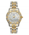 Enhance your wow factor with this glittering watch by Bulova. Two-tone stainless steel bracelet, round case, and bezel embellished with crystal accents. Mother-of-pearl dial features Roman numerals at markers, gold-tone hands and logo at twelve o'clock. Quartz movement. Water resistant to 30 meters. Three-year limited warranty