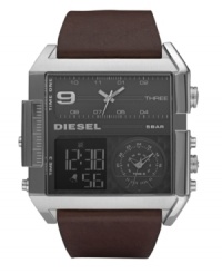 Diesel created the ultimate watch for the man who's always in three places at once. Brown leather strap and square stainless steel case, 49x54mm. Gunmetal dial features rectangular analog subdial at top, circular analog subdial at bottom right and negative display digital dial at bottom left. Quartz movement. Water resistant to 50 meters. Two-year limited warranty.