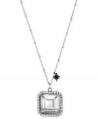 A stylish statement, from square one. Betsey Johnson's pendant is crafted from silver-tone mixed metal with crystal accents outlining the edge. A small hematite-tone heart adds a subtle touch. Approximate length: 16 inches + 3-inch extender. Approximate drop: 1-1/4 inches.