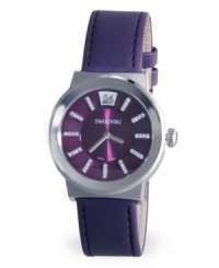 Embrace a majestic attitude with the luxurious hue of this Piazza watch by Swarovski. Prune-colored leather strap and round stainless steel case. Purple dial with a circular sunray pattern features four crystal accents at each marker, logo at twelve o'clock and two silver tone hands. Swiss quartz movement. Water resistant to 30 meters. Two-year limited warranty.