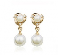 22k Yellow Gold GP Swarovski Crystal & Double Pearl Dangle Earrings