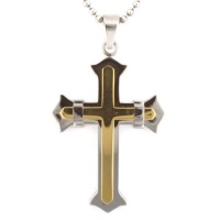 Stainless Steel Men's Gold Plated Large Cross Necklace on 22 Inch Ball Chain