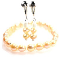 Beautiful Frosty Pink Freshwater Pearls Clip On Earrings and Stretchy Bracelet SET-Soft Pink with Glass Accent Beads for Unpierced Ears