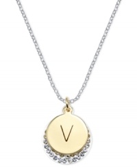 Letter perfection. This sterling silver necklace holds a pendant set in 14k gold and sterling silver plated topped with a V and adorned with crystal for a stunning statement. Approximate length: 18 inches. Approximate drop: 7/8 inch. Approximate drop width: 5/8 inch.