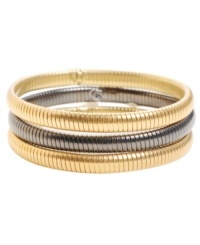 Good style (and good luck) come in threes. Kenneth Cole New York's stylish bracelet set features two gold-plated mixed metal bangles and one hematite-plated mixed metal bangle, each with a trendy, textured surface. Approximate diameter: 2-1/2 inches.