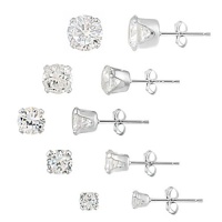 Sterling Silver 6ct CZ Stud Earrings, Set of 5