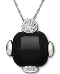 Bold in black. This pretty pendant features a round-edge square onyx gemstone (15 ct. t.w.) topped with sparkling white topaz (1/8 ct. t.w.). Setting and chain crafted in sterling silver. Approximate length: 18 inches. Approximate drop: 3/4 inch.