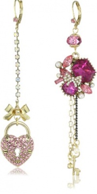 Betsey Johnson Iconic Fabulous Fuchsia Heart Lock and Crystal Gem Mismatch Earrings