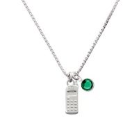 Silver Cellphone Charm Necklace with Green Emerald Crystal Drop