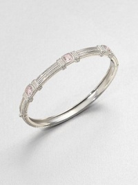 Three cushion-cut pink crystal stones set in textured sterling silver. Pink crystalSterling silverDiameter, about 2.3Hinged, push clasp closureImported 