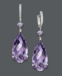 Get red carpet-ready with these dazzling drops. Large, faceted pink amethyst teardrops and round-cut accents (23 ct. t.w.) dangle from a diamond accented hoop. Crafted in sterling silver. Approximate drop: 1-3/4 inches.