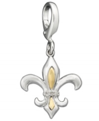 A French icon, the Fleur De Lis symbolizes royalty. Feel like a queen every time you wear this 14k gold and sterling silver charm. Features round-cut diamond accents. Lobster claw clasp. Approximate drop: 1-1/4 inches.