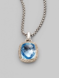 From the Noblesse Collection. An eye-catching faceted blue topaz is edged in pavé diamonds and hangs on a sterling silver cable chain. Blue topaz Diamonds, 0.3 tcw Sterling silver Chain length adjusts from about 16 to 17 Pendant width, about ½ Lobster clasp Made in USA