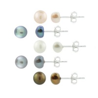 Sterling Silver 5 Pair Multi Color Freshwater Pearl White, Peacock, Pink, Grey, Chocolate Stud Earring Set