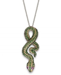 Get a little serpentine with your style. This edgy snake pendant is illuminated by round-cut yellow sapphires (1-9/10 ct. t.w.), tsavorite (2-1/4 ct. t.w.) and rubies (1/4 ct. t.w.). Set in sterling silver. Approximate length: 18 inches. Approximate drop: 2 inches.