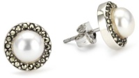 Judith Jack Sterling Silver Freshwater Pearl with Marcasite Pave Button Earrings