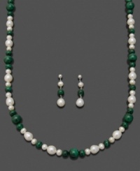 Fluid, flattering earth tones compliment every look. This gorgeous necklace and earrings set features cultured freshwater pearl (5-8 mm) and malachite (6-8 mm) set in sterling silver. Necklace measures approximately 18 inches. Earring drop measures approximately 1-1/2 inches.