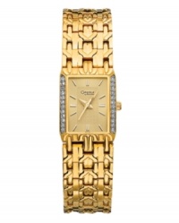 Intricate links and gleaming crystal stun on this dress watch by Caravelle by Bulova. Gold tone mixed metal bracelet and rectangular case crystallized with 24 hand-set elements at left and right. Gold tone sunray dial features stick indices, three gold tone hands and logo. Quartz movement. Water resistant to 30 meters. Two-year limited warranty.