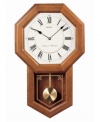 With geometric styling, this charming wall clock from Seiko is the perfect complement for any room. Solid oak case with glass window and brass pendulum. White octagonal dial with logo and roman numeral indices. Westminster/Whittington quarter-hour chime and hourly strikes. Volume control and nighttime silencer. One C battery included. Measures approximately 21-1/4 x 12-3/4 x 3-3/4 inches.