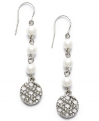 Cool, classy and sophisticated. Lauren by Ralph Lauren's High Society earrings highlight three glass pearls (5 mm) and a unique glass-accented basket weave drop charm. Set in silver tone mixed metal. Approximate drop: 2 inches.