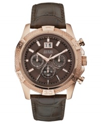 A highly detailed sport watch with textured rose-gold and exotic croco leather, by GUESS.