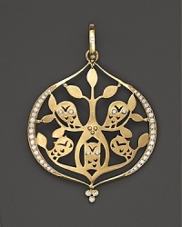 Watchful owls are intricately cutout in 18K gold on this diamond detailed Temple St. Clair pendant.