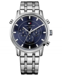 Classically structured in stainless steel, this Tommy Hilfiger watch adds a modern element with a deep blue dial.