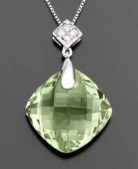 Lovely for any age, this necklace features a gorgeous cushion-cut green quartz (10-1/8 ct. t.w.) pendant topped with glittering diamond accents. Crafted in 14k white gold. Approximate length: 18 inches. Approximate drop: 1 inch.