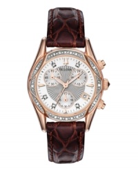 Luxury in every majestic detail. Watch by Bulova crafted of brown croc-embossed leather strap and round rose-gold-plated stainless steel case with diamond-accented bezel. Mother-of-pearl chronograph dial with silver tone center dial features diamond accents and stick indices at markers, minute track, date window at four o'clock, three subdials, luminous rose-gold tone hands and logo. Quartz movement. Water resistant to 30 meters. Three-year limited warranty.