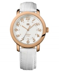 A refreshing take on the modern watch, with rose-gold and white leather, by Tommy Hilfiger.