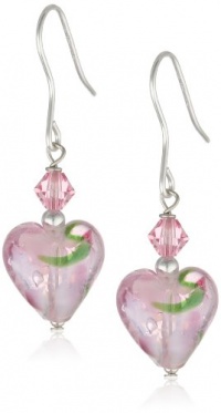 Sterling Silver Multi-Pink Crystal and Hand Blown Glass Heart Drop French Wire Earrings