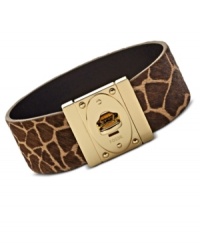 Stretch out your style with this giraffe-inspired wrist bracelet from Fossil. Crafted in printed leather with a brass tone turnlock closure. Approximate length: 8-1/4 inches.