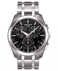 A solid watch at the top of its class. This Tissot watch features a stainless steel bracelet and round case. Chronograph black dial with silvertone stick indices, logo, date window and three subdials. Quartz movement. Water resistant to 100 meters. Two-year limited warranty.