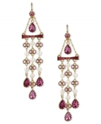 Pretty bows to top off your look. Betsey Johnson's drop earrings highlight fuchsia-colored crystal bows, gold tone bows with pink-colored crystal accents, glass pearls, crystal teardrops and small fuchsia crystal accent at post. Crafted in antiqued gold tone mixed metal. Approximate drop: 4-1/4 inches.