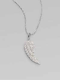 One graceful angel's wing, encrusted in shimmering diamonds, takes flight on a delicate chain of 14k white gold. Diamonds, 0.16 tcw 14k white gold Chain length, about 16 Pendant length, about 1 Lobster clasp Imported