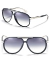 Retro-inspired aviator sunglasses with metal trim along bridge and temples.