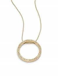 THE LOOKEternity circle pendant.05 tcw diamond accents14k yellow gold settingSpring ring closureTHE MEASUREMENTDiameter, about 1Length, about 15.5ORIGINImported