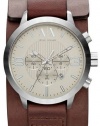 Armani Exchange Chronograph Silver Dial Stainless Steel Brown Leather Cuff Mens Watch AX1273