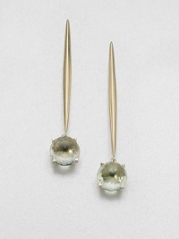 Faceted cabochons of softly hued green amethyst suspend elegantly from modern sculptural drops of 14k gold.Green amethyst14k yellow goldLength, about 2½Post backMade in USA