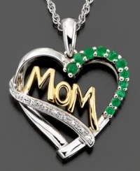 Show mom your love with this colorful pendant features round-cut emerald (1/3 ct. t.w.) and diamond accents set in 14k gold. Approximate length: 18 inches. Approximate drop: 1 inch.