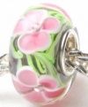 .925 Stamped Silver Core Pink Flowers on a Green Field Murano Glass Beads Charms Fit Pandora Chamilia Biagi Trollbeads Bracelets Design Your Own Jewelry