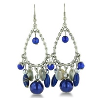 Blue Beaded Faux Pearl Silver Tone 2 1/2 Inch Bamboo Dangle Pear Drop Earrings