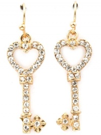 Gold Plated Sparkling Clear Crystal 1 Open Heart Shaped Key Charm Dangle Earrings