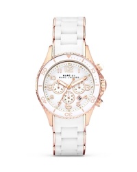 Give your hourly look a hit of MARC BY MARC JACOBS' style with this rose-gold accented watch. Equal parts sporty and sleek, it features a silicone wrapped bracelet and advanced chronograph movement.