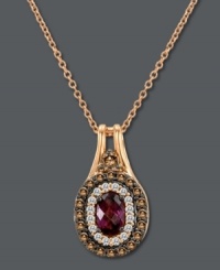 Royally chic. Le Vian's sumptuously sparkling pendant features an oval-cut rhodalite (3/4 ct. t.w.) surrounded bye two rings of round-cut chocolate diamonds (1/4 ct. t.w.) and white diamonds (1/8 ct. t.w.). Set in 14k rose gold. Approximate length: 18 inches. Approximate drop: 3/4 inch.