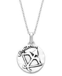 Optimistic, freedom-loving, honest & loving. Unwritten's chic Zodiac pendant features the signature Sagittarius design with these unique qualities listed on the reverse side. Set in sterling silver. Approximate length: 18 inches. Approximate drop: 3/4 inch.