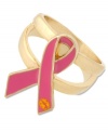 Proudly support a worthy cause in style. The Betsey Johnson I'm a Survivor ring is crafted from gold-tone mixed metal and features the iconic pink ribbon. Size: 7-1/2.