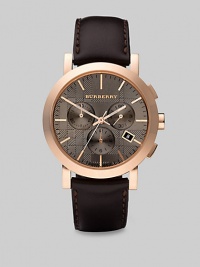 A standard-bearer of gentlemanly style, designed with a taupe dial, three-eye chronograph functionality and rose gold detail on a leather strap. Round bezel Quartz movement Three-eye chronograph functionality Water resistant to 5 ATM Date function at 4 o'clock Second hand Stainless steel case: 40mm (1.57) Leather strap: 20mm (0.79) Made in Switzerland 